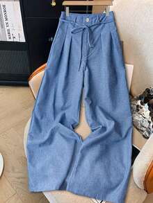 Pantalones anchos de tela con cintura anudada, de estilo casual azul y blanco, para primavera/verano - Azul 2 - Ver 4