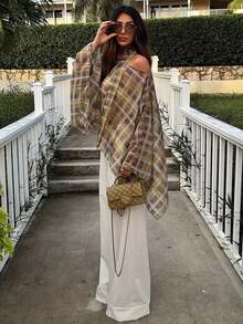 Poncho de mujer con cuello redondo y mangas de murciélago a cuadros, elegante ropa de primavera para damas - enrejado - Ver 3