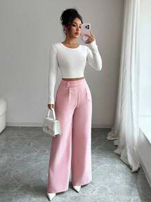 Pantalones rectos sueltos y fluidos, esenciales para Acción de Gracias y Halloween, de diseño elegante con hebilla y superposición delantera, de tela de bambú, para uso profesional y casual como uniforme de maestro - Rosa - Ver 7