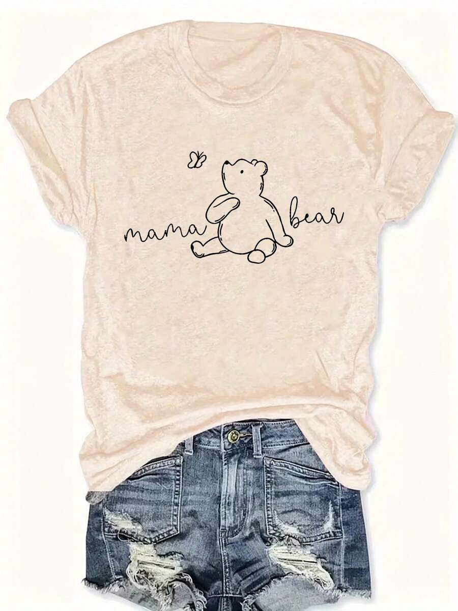 Simple And Versatile Design: Women's Short Sleeve T-Shirt With Mama Bear And Baby Bear Print, New Summer Collection, Fashionable Casual T-Shirt, Elegant Women's Clothing, Cotton T-Shirt. - 杏色 - 查看 1