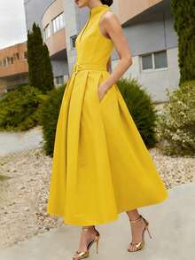 Elegant Women's Dress With A Tie Waist And A-Line Silhouette, New Spring/Summer And Fall/Summer Styles, Sleeveless With A V-Neck, Suitable For The Office Or Everyday Wear In Black. - 黃色 - 查看 3