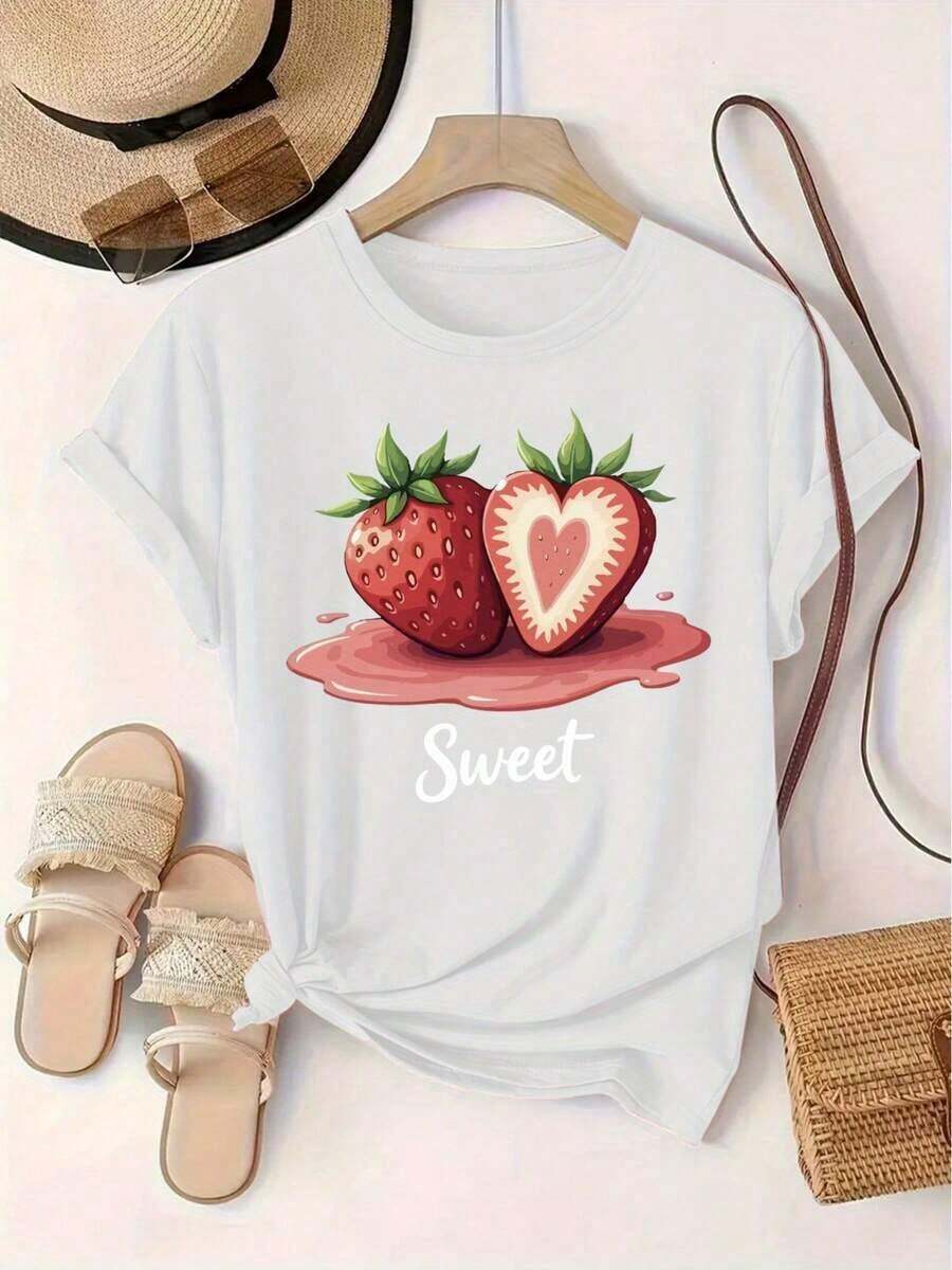 Gift Plus Size - Plus Size - Women's Short Sleeve Crew Neck T-Shirt With Strawberry Print, Casual Style For European And American Fashion, JerseySoft - [白色的] - 查看 1