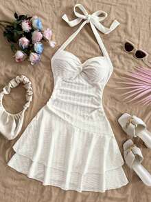 AVestido mini sexy con espalda descubierta, corbata en el cuello, dobladillo fruncido y doble capa, adecuado para fiestas, citas, San Valentín - Blanco 2 - Ver 6