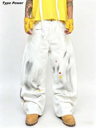 Type Power 1PC Men's Punk Grunge Baggy Wide Leg Jeans, White Wash Paint Splatter Graffiti Print, Distressed Streetwear Statement Pants, Multi Sizes