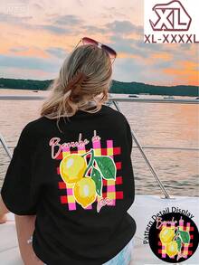 Plus Size - Plus Size - New Women's Short-Sleeved T-Shirt In A Pink And Yellow Check Pattern, With A French Lemon Branch Design, Perfect For Summer 2026, Made Of Soft And Comfortable Fabric In A Relaxed European And American Style. - Black - View 2