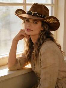 Women Men Embroidery Cowgirl Hat Wide Brim Cattle Head Belted Wool Hat Felt Jazz Cap For Party With Cap Support To Prevent Deformation - 卡其色 - 查看 12