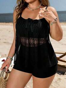 Swim Lushoire Nuevo conjunto de traje de baño de 2 piezas de talla grande para mujer con top de tirantes finos y estampado floral y shorts ajustados, casual para vacaciones - Negro - Ver 3