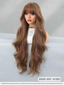 7JHH WIGS Extra Long Body Wave Brown Wig For Women 32 Inch Elegant Wavy Curly Wig With Bangs, Natural Looking Soft Fluffy Synthetic Heat Resistant Fiber Hair Wig For Daily Wear, Music Festival Party Use - 棕色 - 查看 4