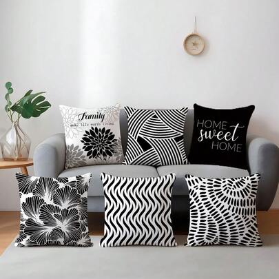6pcs Minimalist Black & White Geometric Throw Pillow Covers, Single-Sided Printed Peach Skin Velvet, 45*45CM Cushion Covers For Modern Fabric Sofa Indoor Decor, Party Decoration, Gift
