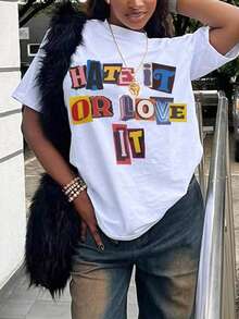 Women's 100% Printed T-Shirt - "Love It Or Hate It" Rescue Letter Print Top,  Y2K Streetwear, Vintage Magazine Collage Style Loose Short Sleeve Casual Shirt, Women's Summer Clothes, Elegant Blouses For Women. - 白色 - 查看 7