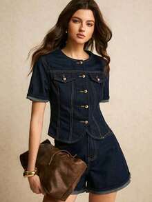 Conjunto de top de manga corta con botones delanteros y shorts vaqueros de estilo casual para mujer - Azul lavado oscuro - Ver 4