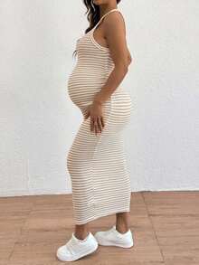 Vestido Halter Ajustado a Rayas Casual para Maternidad - Lila Púrpura - Ver 10