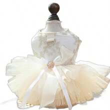 2pcs Set - Luxury Dog Wedding Dress - Elegant Embroidered Lace Tutu Dress With Matching Princess Hair Clip, Pearl Rhinestone Bow, Non-Pulling Pet Vest Dress With D-Ring, Suitable For Small Dogs & Cats To Attend Weddings, Parties And Photo Shoots - White - View 5