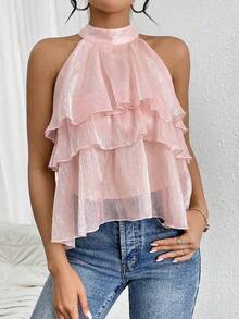 Blusa de chifón asimétrica con cuello holgado y volantes, top con volantes, top marrón oscuro - Rosa - Ver 4
