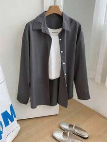 Camisa de mujer de manga larga, de unicolor, versátil y casual, holgada - Gris - Ver 4