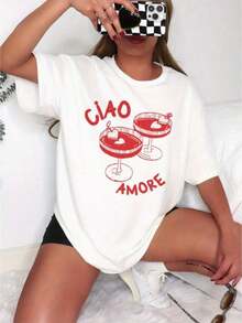 Women's Short Sleeve T-Shirt, Vintage Red Glasses Pattern - Letter Print, Breathable Material, Pure Cotton, Casual Spring/Summer Top, Machine Washable, Loose Fit, Comfortable And Easy To Care For.,Summer T-Shirt - White - View 1