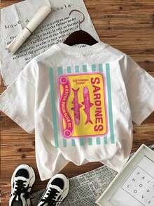 Camiseta casual de mujer para primavera y verano, estilo vintage, estampada con el texto "Sardinas capturadas de forma ", cuello redondo y manga corta. - Negro - Ver 10