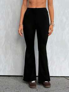 Pantalones de punto azul marino con campana para mujer - Negro 2 - Ver 3