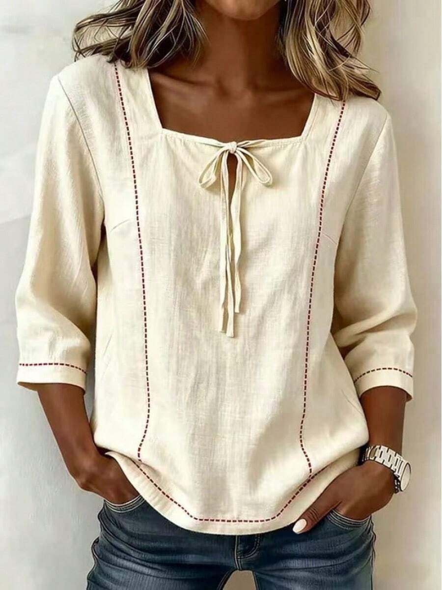 2026 Women's Casual Square Neck And Lace-Up Shirt, Mid-Length Sleeves, Women's Short-Sleeved Casual Shirt, Women's Short-Sleeved Sports Shirt. - Light Yellow - View 1