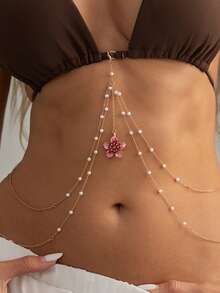 1pc Beach Vacation Sexy Crystal Embellished Bikini With Pearl Chain Flower Pendant Body Chain, Suitable For Beach Party, Holiday Gift - Gold - View 2
