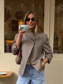 Blazer negro de oficina/escuela de manga larga, unicolor, con botones delanteros, elegante y casual, para mujer, primavera y verano, Día de la Madre - Caqui - Ver 6