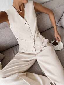 Conjunto de chaleco y pantalones casuales y de uso diario para mujer en otoño/invierno - Gris Oscuro - Ver 3