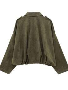Chaqueta casual suelta de manga larga de ante sintético de un solo pecho para mujer, adecuada para usar en primavera. Chaqueta militar corta de mujer con botones de metal en los bolsillos, adecuada para usar en primavera y otoño. - Verde - Ver 5