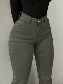 GILIPUR Jeans acampanados de talle alto estilo Y2K, pantalones de mujer de unicolor, elásticos y elegantes, de mezclilla lavada en azul medio, pantalones de moda callejera casual - Verde militar - Ver 3