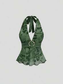 Camiseta de tirantes con cuello halter de estilo retro y romántico para mujer - Verde Oscuro - Ver 1