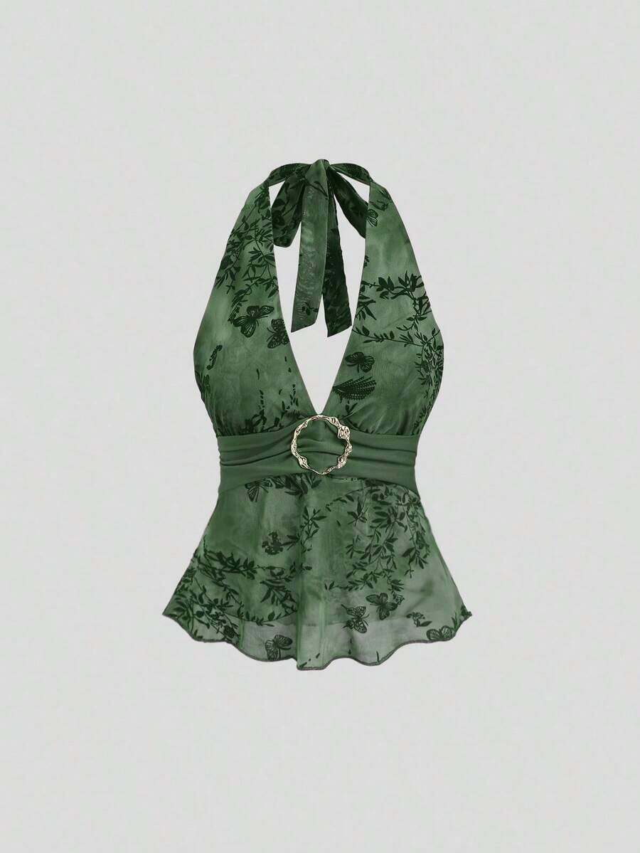 Camiseta de tirantes con cuello halter de estilo retro y romántico para mujer - Verde Oscuro - Ver 1