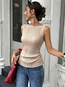 Blusa elegante de tela con pliegues, sin mangas y con cuello ancho, con cinturón en la cintura, para mujer, para primavera/verano - Champán - Ver 5