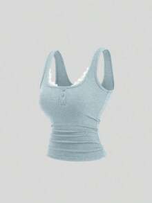 Camiseta de tirantes casual de mujer con parches de encaje - Azul - Ver 3