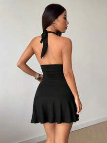 Vestido mini sexy de cuello de halter negro, ropa casual de resort, primavera/verano - Negro - Ver 2