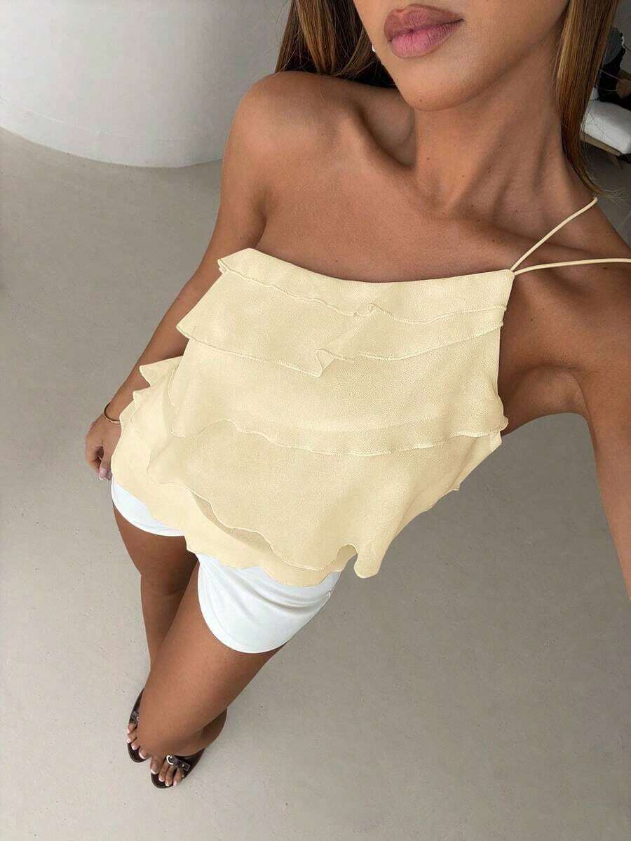 Nueva blusa elegante y romántica de primavera/verano para citas, Día de San Valentín, temporada de bodas, de gasa rosa con un hombro, espalda descubierta, volantes en capas, blusa sexy con volantes para la playa, atuendo de boda, camisa rosa elegan - Beis - Ver 1