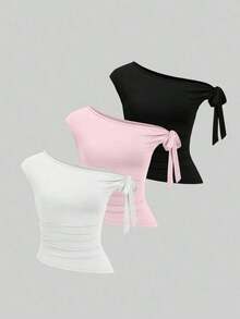 Conjunto de 3 piezas para mujer con camiseta de unicolor, tirantes y drapeado - Multicolor 2 - Ver 10