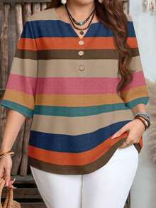 Blusa de estilo minimalista casual con mangas cortas y patrón de rayas marrones, adecuada para primavera/verano - Multicolor 3 - Ver 2