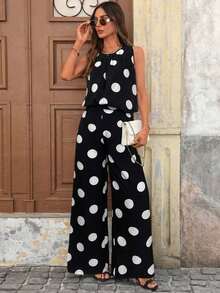 Clasi Conjunto de pantalones anchos plisados con lunares blancos y negros de cuello redondo y sin mangas, holgado, elegante para uso diario, ir a trabajar, moda primavera/verano - Blanco y Negro - Ver 5