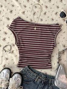 Blusa corta asimétrica fruncida para mujer, estampado de lunares en blanco y negro - Multicolor 5 - Ver 1