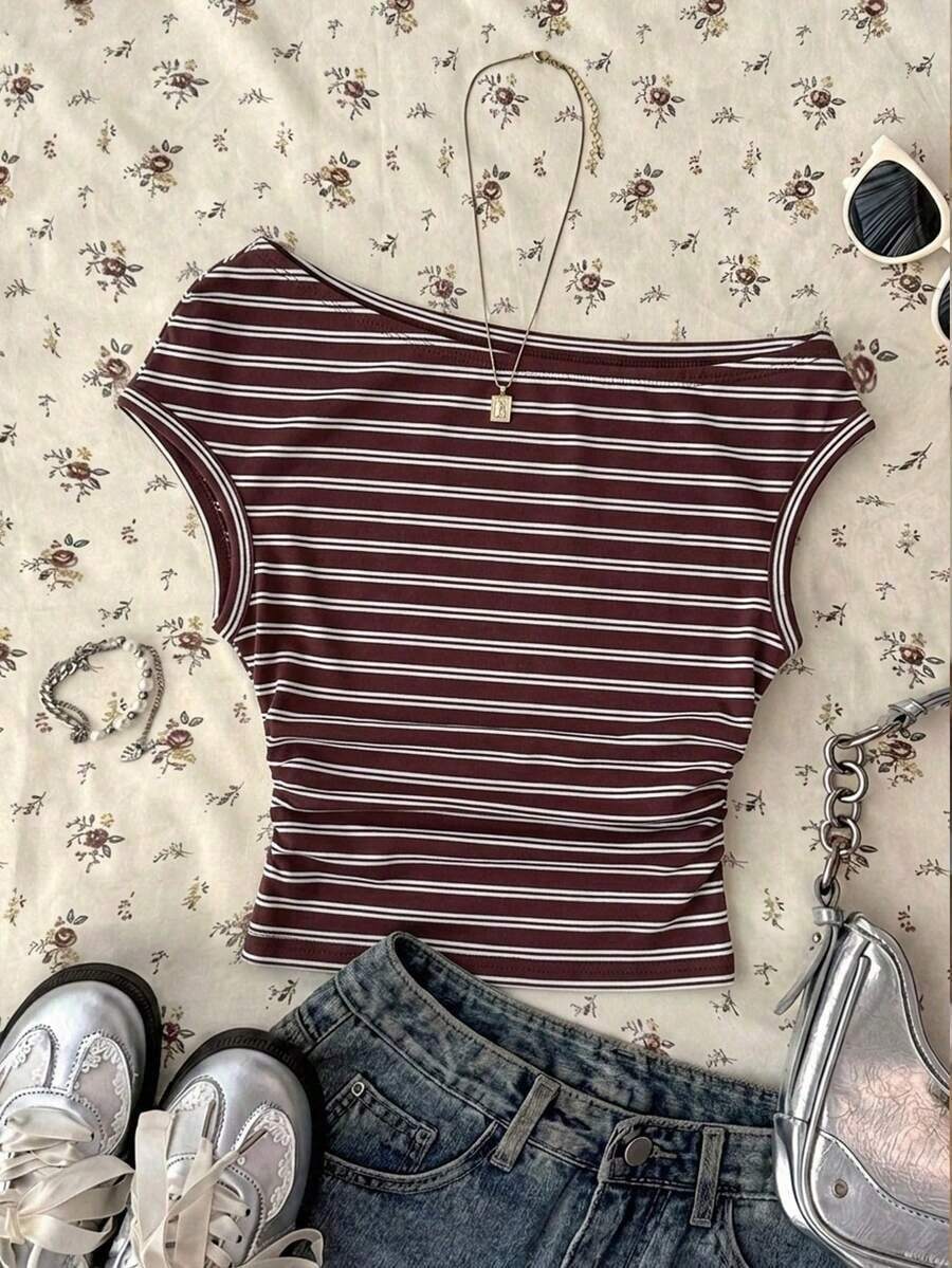 Blusa corta asimétrica fruncida para mujer, estampado de lunares en blanco y negro - Multicolor 5 - Ver 1