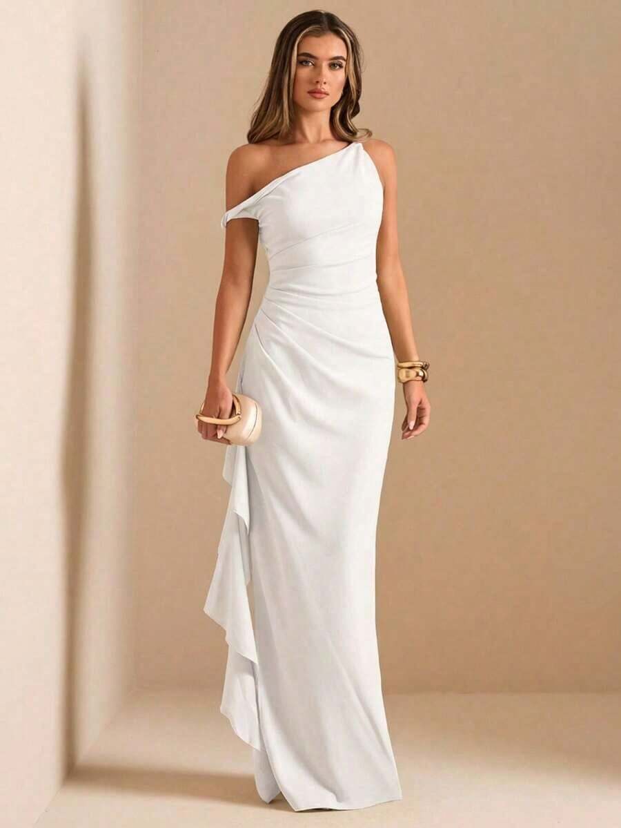 de dama de honor de otoño/invierno, vestido largo elegante con pliegues, abertura alta, volantes y hombros oblicuos con nudo retorcido y sin tirantes, sexy para fiestas - Blanco - Ver 1