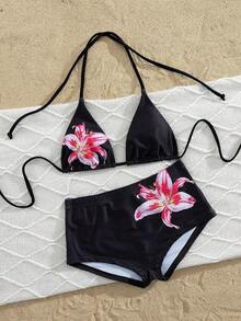 Traje de baño con estampado floral de moda: Top de bikini tipo camiseta con estampado de loto negro + Bottom de traje de baño de talle alto - Conjunto de traje de baño elegante y cómodo para vacaciones de verano, playa y uso en resort en color rojo - Negro - Ver 5