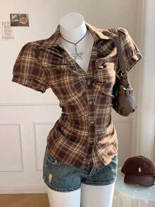 Camisa casual de mujer de manga corta abullonada, de un solo pecho, a rayas azules, ropa de verano - Marrón - Ver 3