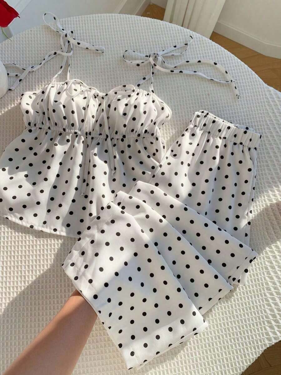 Conjunto de 2 piezas de top tipo camisola con hombros retorcidos y estampado de lunares, y pantalones de pierna ancha, para mujer, estilo casual de verano, retro y de playa - Blanco - Ver 1
