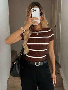 Camiseta de mujer de cuello redondo, ajustada, con textura acanalada, casual, elegante, cómoda para vacaciones y uso diario - Café integral - Ver 8