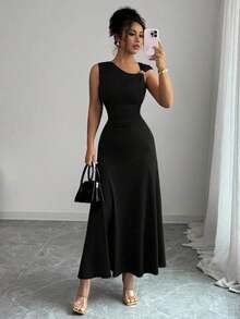 Nuevo vestido casual y elegante para mujer con cuello asimétrico, decoración metálica y cintura fruncida para vacaciones - Negro - Ver 7