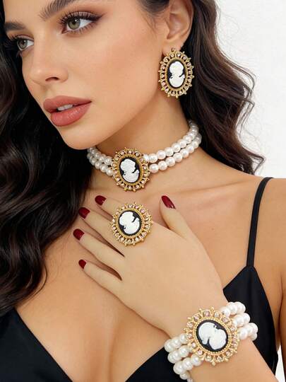 1 Set Vintage French Style Faux Pearl Luxury Jewelry Set, Rhinestone Inlaid Double-Layer Oval Pearl Necklace, Bracelet, Earrings Set, Elegant Bridal Dress Collar Chain