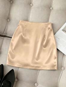 Falda ajustado plisada de cintura alta con dobladillo asimétrico brillante y elegante para mujer, primavera/verano - Albaricoque - Ver 2