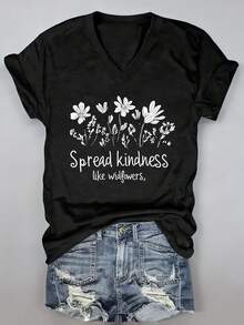 Plus Size, Summer Women's Top Fashion Women's T-Shirt, Oversized T-Shirt, Ladies "Spread Kindness Like Wildflowers" V-Neck T-Shirt- Casual Short-Sleeved Top, Suitable For Spring And Summer, Machine Washable, Ladies' T-Shirt - 黑色1 - 查看 1