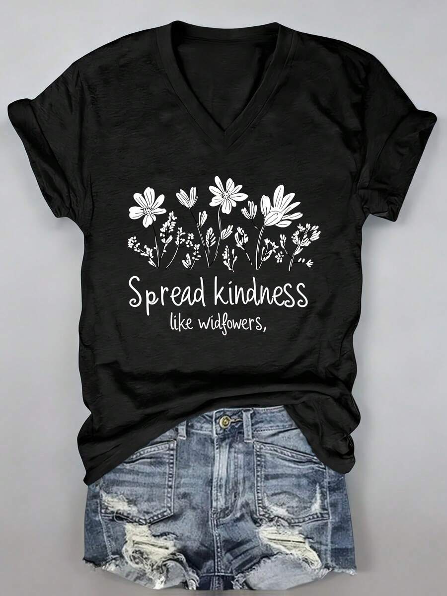 Plus Size, Summer Women's Top Fashion Women's T-Shirt, Oversized T-Shirt, Ladies "Spread Kindness Like Wildflowers" V-Neck T-Shirt- Casual Short-Sleeved Top, Suitable For Spring And Summer, Machine Washable, Ladies' T-Shirt - 黑色1 - 查看 1