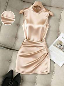 Nuevo vestido de mujer de moda con cuello alto brillante, sin mangas, cintura fruncida y asimétrico de ajuste ceñido - Albaricoque - Ver 1